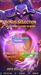 Genie's 3 Wishes · Pemanfaatan tombol putar manual, opsi Turbo, tombol Auto, dan pembacaan banner pemicu.